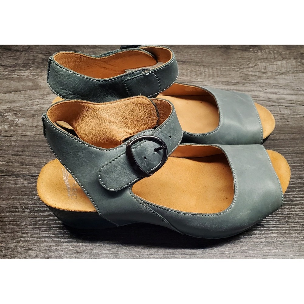 Dansko Tiana Teal Burnished Sandals EU 41 (10.5-11 US Calf Wedge Peep Toe Shoes